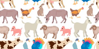 Çiftlik hayvanları. Sığır, kuş ve daha fazlası. Vektörsüz desen.