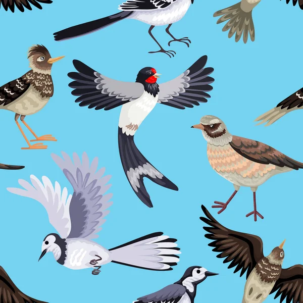 Płynny wzór różnych ptaków wędrownych. Zwierzęta piórowe. — Wektor stockowy