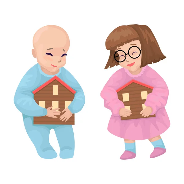 Baby meisje en jongen houdt een huis in de hand. Ontwerpen van vectortekens — Stockvector