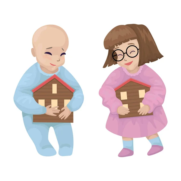 Baby meisje en jongen houdt een huis in de hand. Ontwerpen van vectortekens — Stockvector