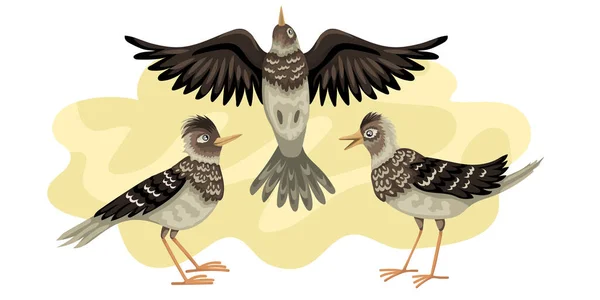 A pacsirták vonuló madarai. Három madár repül az ég hátterében. A pacsirták vonuló madarai. A vadon élő állatok kórokozó-átvivő ábrázolása — Stock Vector