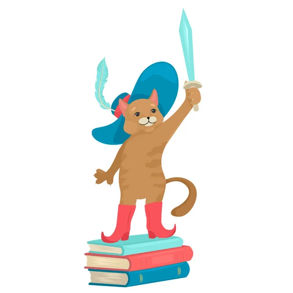 Gato con sombrero y zapatos. Está parado en los libros y sostiene la espada. Personaje de cuento de hadas. — Vector de stock