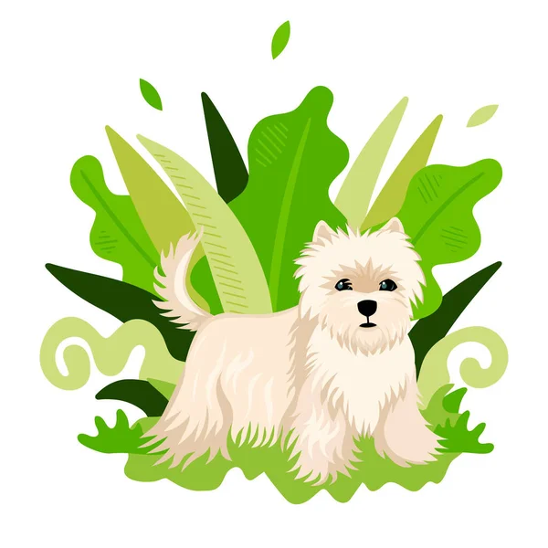 Собачья порода ши-цзы стоит на фоне растений. Милая яркая детская иллюстрация. Векторная иллюстрация. — стоковый вектор