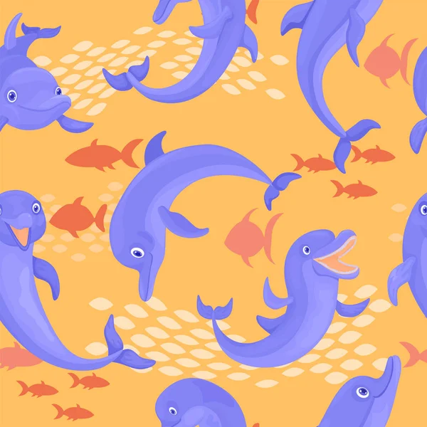 Patrón de mar con peces y delfines. Patrón sin costura vectorial para diseño de impresión. — Vector de stock