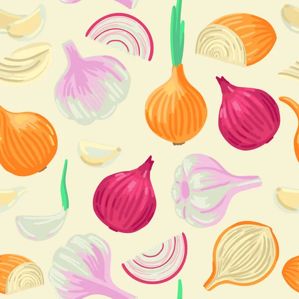 Λαχανικά μοτίβο - κρεμμύδι και σκόρδο. Διάνυσμα χωρίς ραφή μοτίβο. — Διανυσματικό Αρχείο