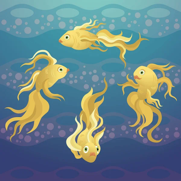 Zlaté rybky plavou v mořských vlnách. Modrá voda a žluté malé ryby s bublinkami. Vektorový vzorec — Stockový vektor