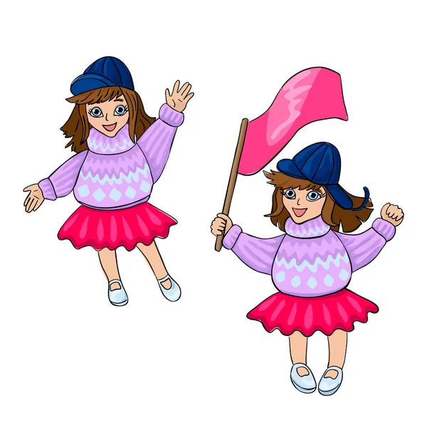 Meisje in een trui met een vlag en zwaaiend handmeisje. Vectorteken op witte achtergrond. — Stockvector