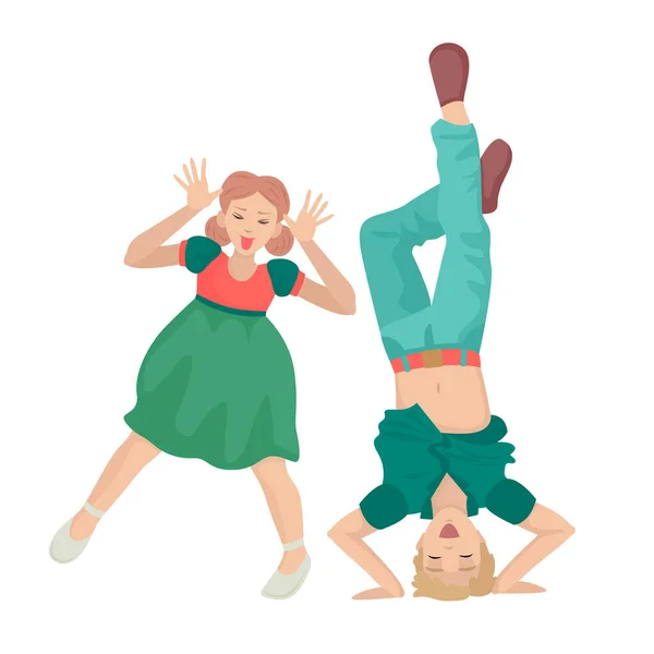 As crianças brincam. A menina brinca e salta, o menino fica de cabeça para baixo. Desenho de personagem vetorial. — Vetor de Stock