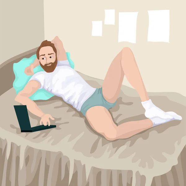 A fickó a laptoppal egy ágyban fekszik. Vektor színe illusztrálja a karakter — Stock Vector