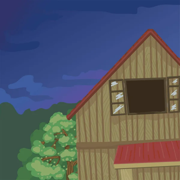 Grenier d'une maison en bois, une fenêtre ouverte, une maison dans un village, des arbres et prirordla autour. Cabane des forestiers. Illustration vectorielle avec fond, style carton — Image vectorielle
