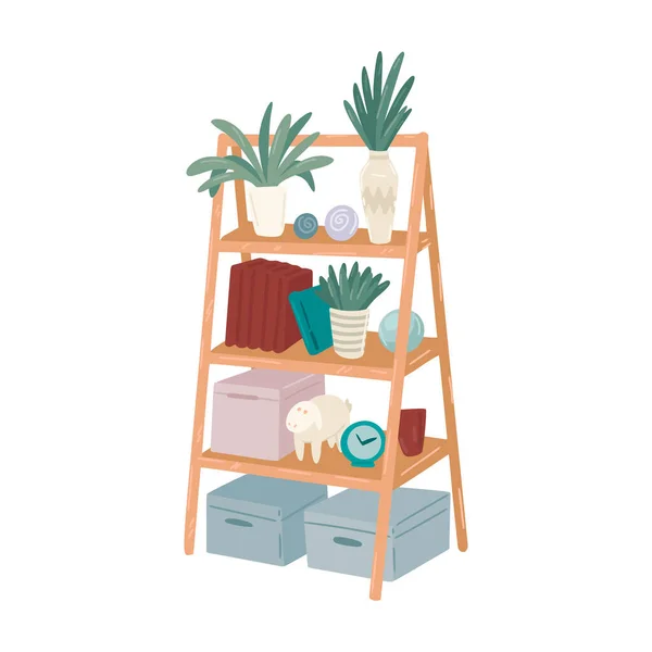 Librería, estante escalera con flores y libros, elemento de diseño de interiores, muebles de madera, estilo escandinavo. Vector simple objeto plano estilo de dibujos animados — Vector de stock