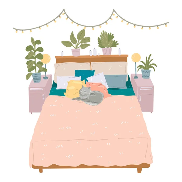 Interior del dormitorio. Gato durmiendo en la almohada en la cama. Acogedora habitación. Ilustración vectorial — Vector de stock