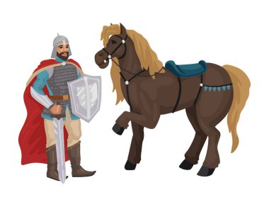 Atlı savaşçı, kılıçlı şövalye, ortaçağ askeri karakteri. Vektör karakteri beyaz arkaplanda izole edildi. Düz stil çizgi film.