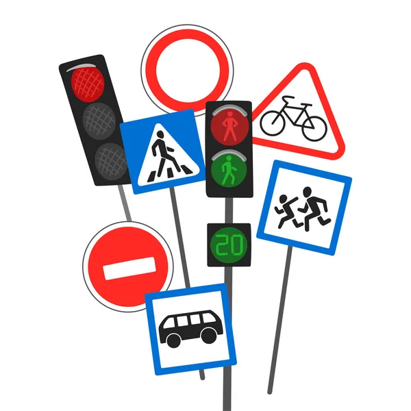 Semáforos y señales de tráfico, diferentes designaciones de acciones en la carretera, formación en seguridad vial. Dibujo vectorial sobre fondo blanco — Vector de stock