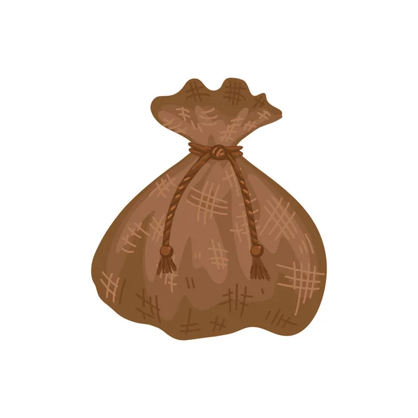 Sac textile, noué avec une dentelle. Sac pour pièces de monnaie, portefeuille médiéval, sac pour choses. Objet isolé vectoriel sur fond blanc, illustration de dessin animé pour enfants — Image vectorielle