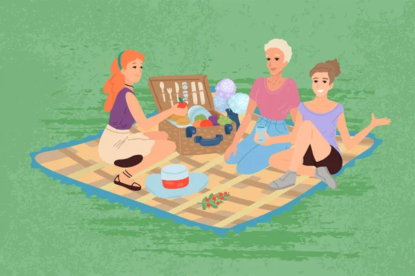 Parkta kadın pikniği. Kadınlar birlikte dışarıda dinleniyor. Vektör çizgi film illüstrasyonu