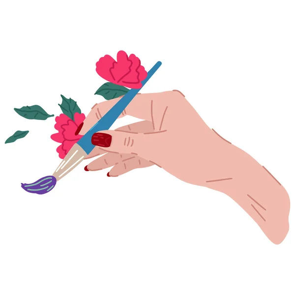 Hand mit Pinsel und Blumen. Kreativität Symbol, Zeichenprozess, Künstlerhand. Druckdesign, Dekorationselement. Vektor Cartoon flache Illustration — Stockvektor