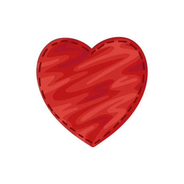 Coeur textile, patch en forme de coeur, symbole rouge de l'amour. Objet vectoriel sur fond blanc, dessin animé plat. — Image vectorielle