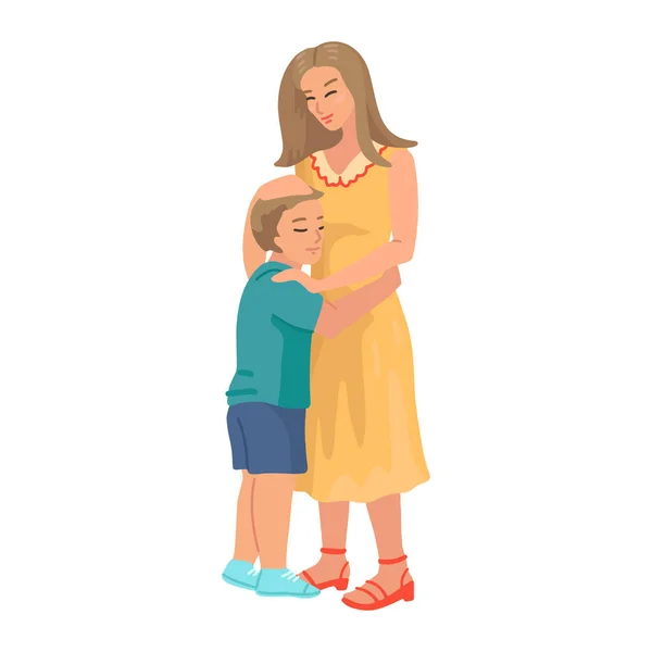 Madre abbraccia il figlio, Vector cartone animato illustrazione della madre abbracciare delicatamente il figlio. Maternità, paternità, adozione. Una famiglia felice. Illustrazione vettoriale, cartone animato semplice stile — Vettoriale Stock