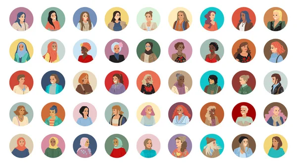 Gran conjunto de retratos de mujeres, haz con avatares de niñas de diferentes nacionalidades y razas. Retratos redondos. Ilustración vectorial sobre fondo blanco — Vector de stock