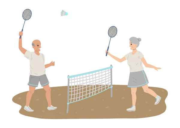 Důchodci hrají tenis, sportovní vybavení rakety v rukou, hrát sport, zdravý životní styl v důchodu. Vektorové ploché kreslené ilustrace. — Stockový vektor