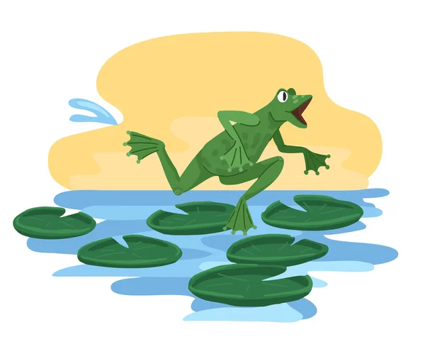 Frosch rennt, in Eile, durch den Sumpf mit Seerosen. Vector Cartoon Illustration isoliert auf weißem Hintergrund — Stockvektor