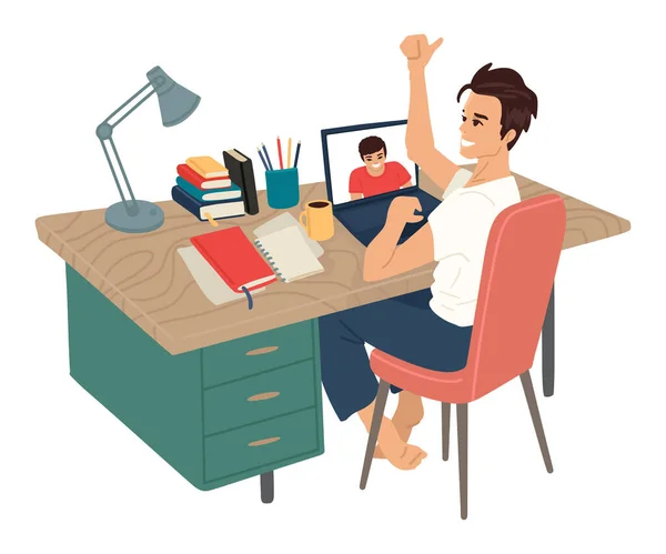 Lugar de trabajo, negociaciones. El hombre se sienta en el lugar de trabajo con una computadora, comunicación por video en línea. Signo de pulgares arriba. Ilustración vectorial en estilo plano — Vector de stock