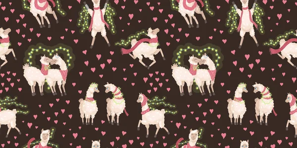 Patrón de vector sin costuras con lindas alpacas y corazones. Ilustración infantil con un lama de Perú. En estilo plano de dibujos animados. — Vector de stock