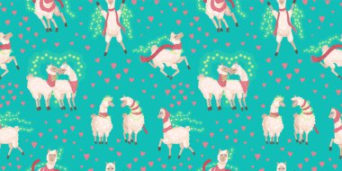 Şirin alpakaları ve kalpleri olan kusursuz vektör deseni. Peru 'dan bir lama ile çocuk çizimi. Çizgi film tarzı düz..