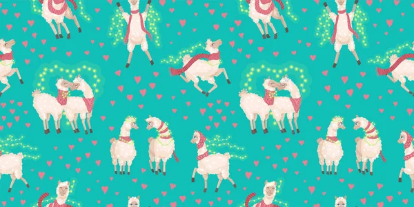 Padrão de vetor sem costura com alpacas bonitos e corações. Ilustração infantil com um lama do Peru. Em estilo plano de desenhos animados. — Vetor de Stock