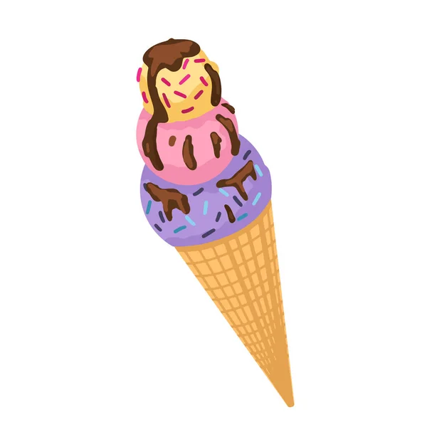 Cone de sorvete, bolas de sorvete, derramado com chocolate, sabores diferentes. Sobremesa, comida, doçura do bebé. Ilustração plana vetorial isolada sobre fundo branco — Vetor de Stock
