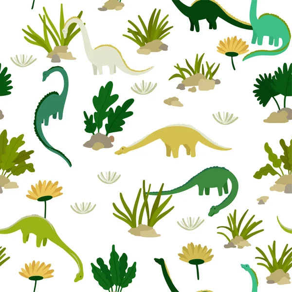 Dinosaures et plantes. Arrière-plan sans couture pour les enfants garçons. Jolis dinosaures de dessin animé sur fond blanc. Vecteur — Image vectorielle