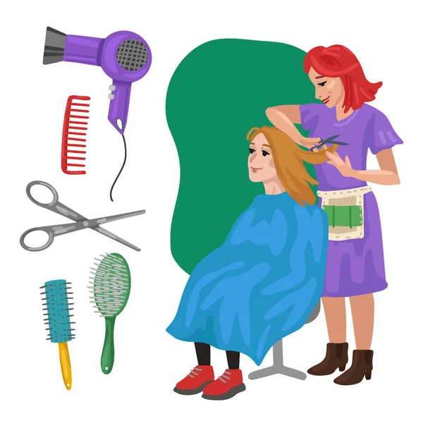 Hairdresser Professions, character and items for his work. Childrens education. Exercise for preschoolers. Vector flat cartoon illustration. — Stock Vector