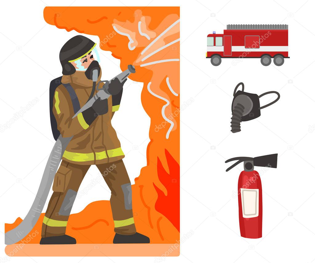 Firefighter and fire. Professions, character and items for his work. Childrens education. Exercise for preschoolers. Vector flat cartoon illustration.