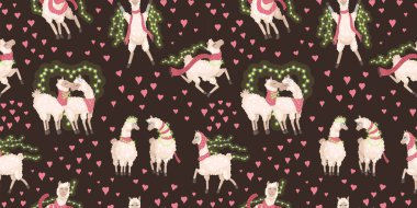 Bir çift alpaka Sevgililer Günü 'nü kutluyor, Sevgililer Günü' nü. Kusursuz desen, vektör çizimi kahverengi arkaplanda sevimli illüstrasyon