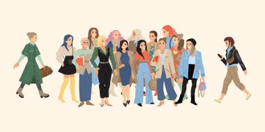 Bir sürü kız, farklı giyinmiş kadınlar. Matbaa, feminizm karakterleri, moda tasarımı. Vektör çizimi