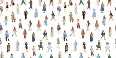 Uluslararası Kadınlar Günü konsepti. Uzun boylu kadınlar. Sarma, tekstil, kumaş, duvar kağıdı ve diğer dekorlar için kusursuz desen. Vektör illüstrasyonu