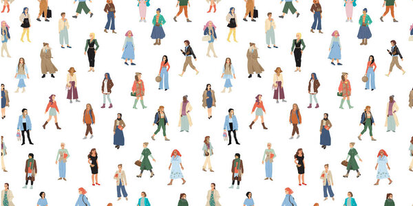 Международная концепция женского дня. Полноразмерные женщины. Безшовный узор для обертывания, текстиля, ткани, обоев и других декоров. Векторная иллюстрация