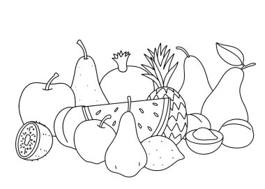Meyve. Farklı meyvelerle dolu bir hayat, çocukların boyaması için siyah çizgiler, özet tasarım. Vektör siyah ve beyaz illüstrasyon