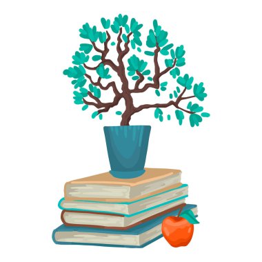 Saksı bitkisi bir yığın kitabın üzerinde duruyor. Beyaz arka planda izole edilmiş. Düz biçim vektör karikatür çizimi.