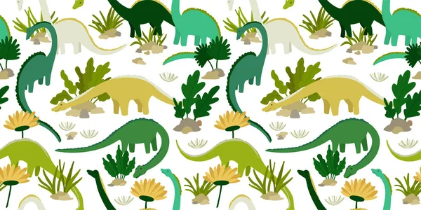 Dinosaurier und Pflanzen. Hintergrund nahtlose Muster für Kinder Jungen. Niedliche Cartoon-Dinosaurier auf weißem Hintergrund. Vektor — Stockvektor