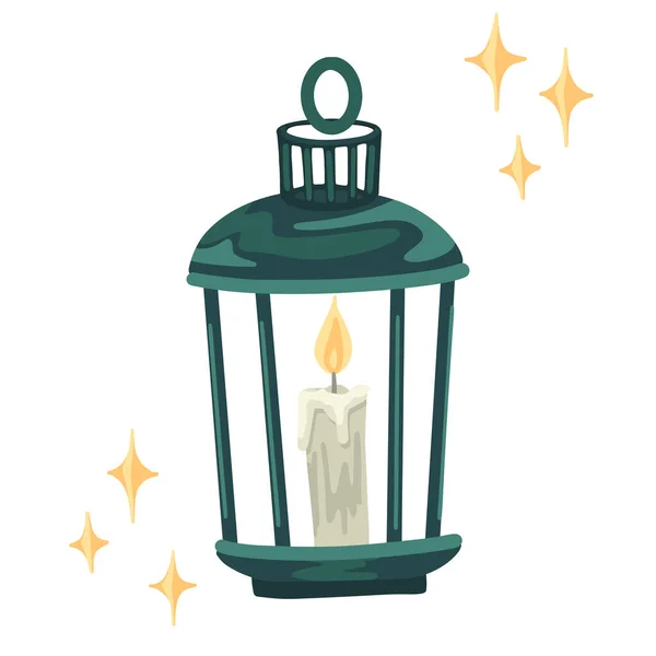 Lámpara con una vela en el interior, fuego ardiente, decoración de la comodidad del hogar, objeto de vectores, decoración de Navidad, dibujo sobre un fondo blanco. — Vector de stock