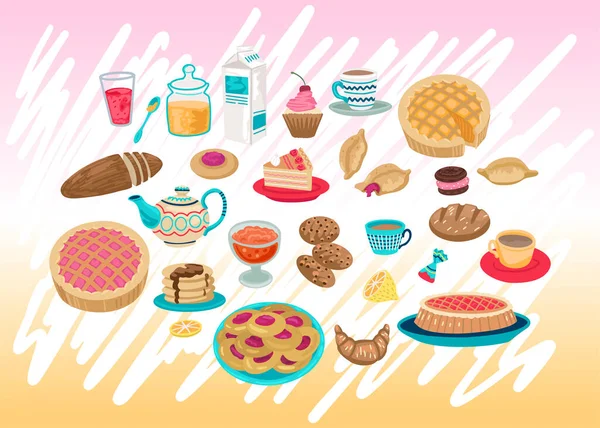 Pastalar, yemek ikonları, pastalar, kekler ve çay kurabiyeleri, pasta ve tatlılar. Yemek sembolleri, kafe menüsü. Vektör şirin çizgi film illüstrasyonu
