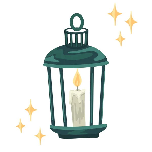 Лампа со свечой внутри, горящий огонь, домашний уют декор, векторный предмет, рождественский декор, рисунок на белом фоне. — стоковый вектор