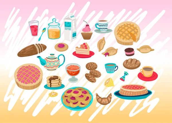 Пирожные, пищевые иконы, пироги, торты и чайное печенье, торт и сладости. Пищевые символы, меню для кафе. Векторная милая карикатура — стоковый вектор