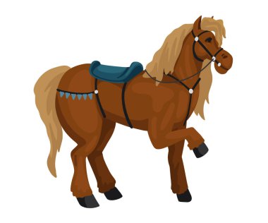 Eyerli bir at, peri masalı karakteri, beyaz arka planda vektör çizimi. Çizgi film düz biçim illüstrasyonu