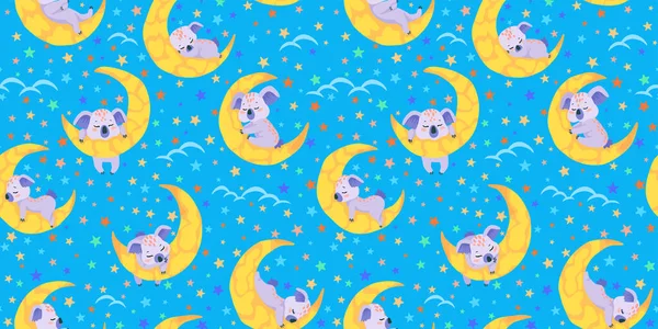 Детский дизайн. Спящая коала на Луне. Цветные звезды. Бесшовный рисунок для детей, текстура для текстиля и фона. — стоковый вектор