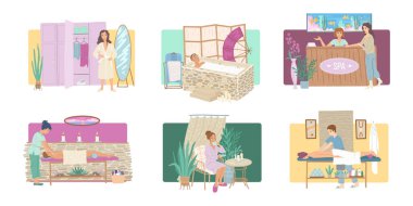 Spa sahneleri koleksiyonu, vücut masajı ve rahatlama, tuz banyosunda sağlık onarımı, güzellik masajı, güzellik salonuna bir ziyaret. Vektör