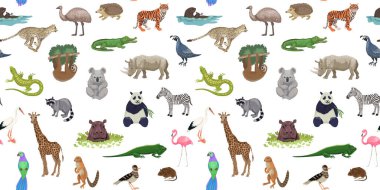 Vahşi egzotik hayvanlarla, memelilerle, kuşlarla, yağmur ormanlarıyla ve savanalarla kusursuz bir düzen. Vektör illüstrasyonu