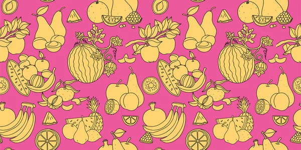 Nahtloses Muster mit Früchten, lineare Zeichnung, Konturen von Fruchtsätzen. Sommer helle Muster. Vektorskizze Handzeichnung — Stockvektor